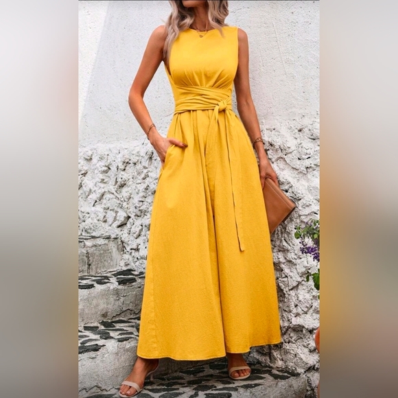New Textured Cotton High Neck Wrap Tie Waist Maxi Dress Yellow - Picture 7 of 9